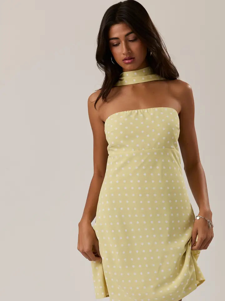 Polka Dot Mini Dress with Attached Scarf