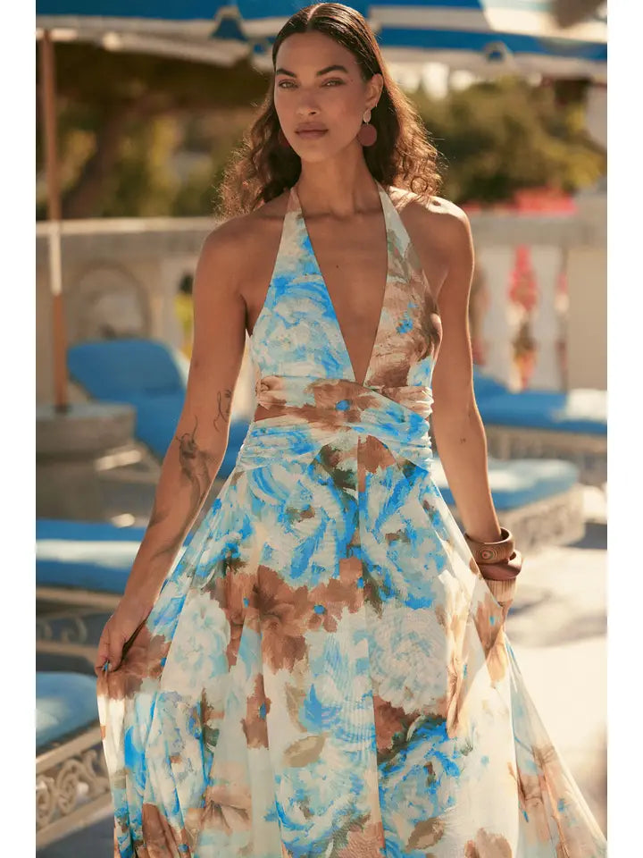 Floral-Print Mesh Halter-Neck Cutout Maxi Dress