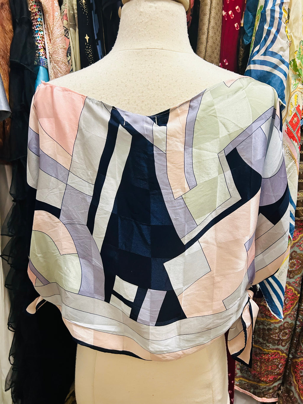 OOAK Vintage Geo Silk Scarf Poncho or Top