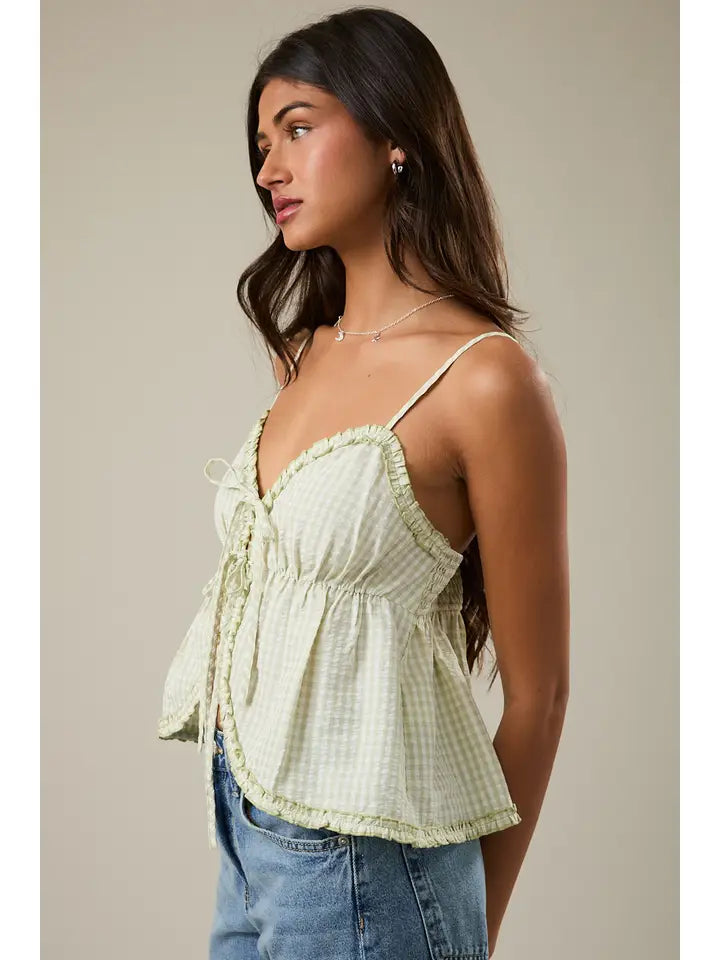 Tie Front Ruffle Trim Tank Top