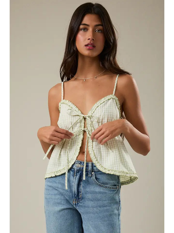 Tie Front Ruffle Trim Tank Top