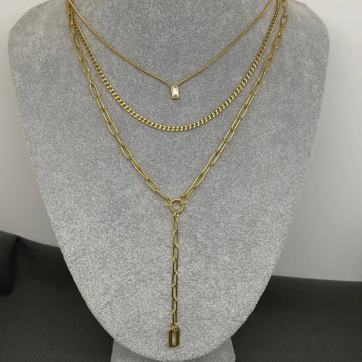 Zircon Charm 18K Gold Plated Ss 3 Layer Y-Neck Necklace