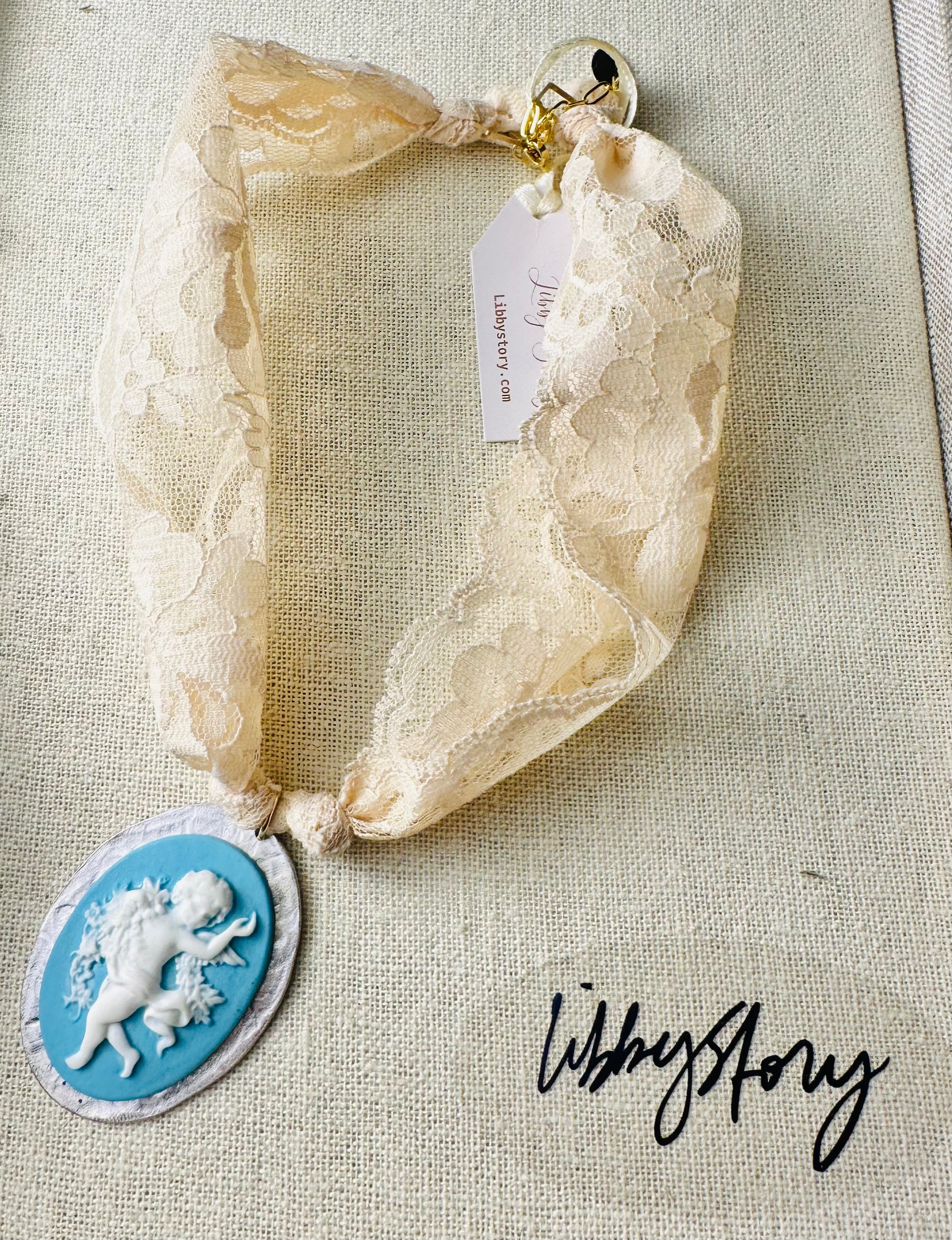 Vintage lace and Resin Cameo Pendant