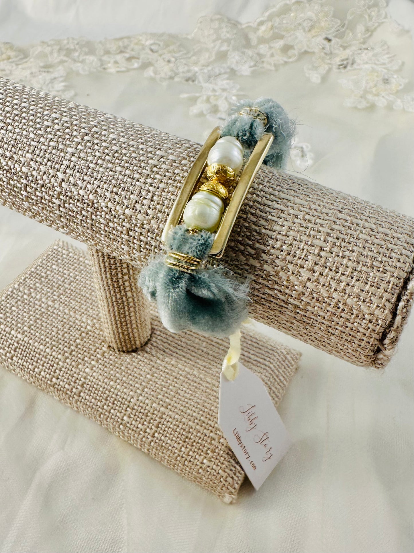 OOAK Velvet and Pearls Bracelet