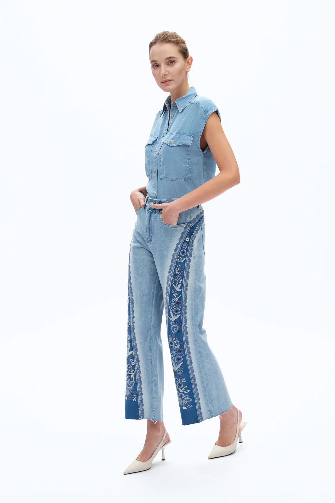 Bayeas Ultra High Rise Patchwork Embroidered Wide Leg Jean