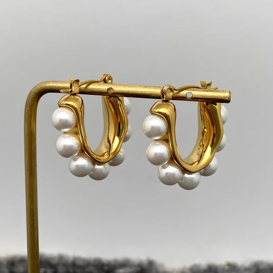 Inlaid Pearls 18K Gold Plated S.Steel Hoop Earrings