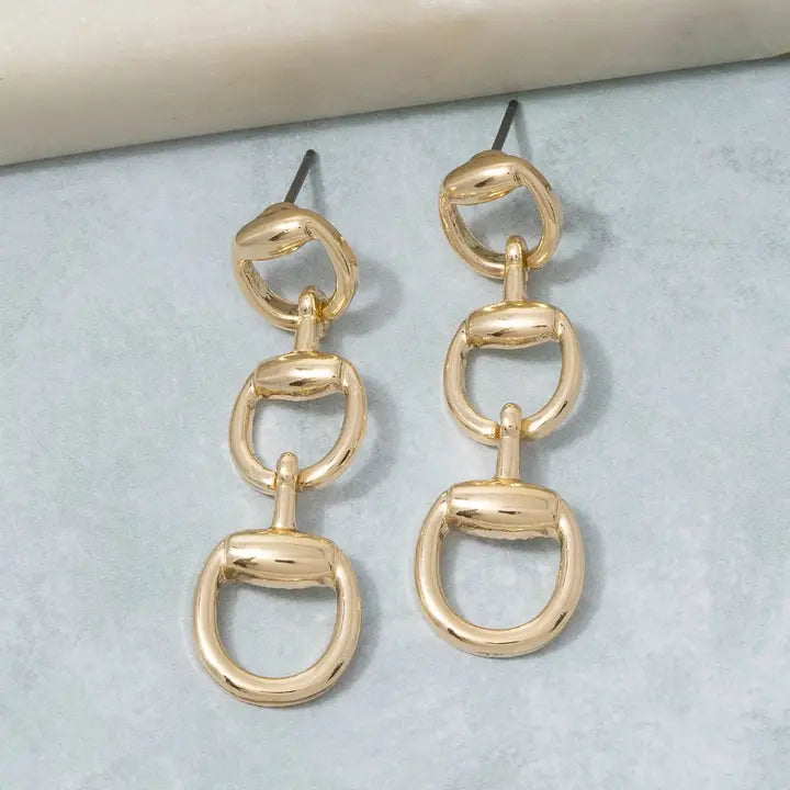 Gold Triple Horsebit Drop Earrings