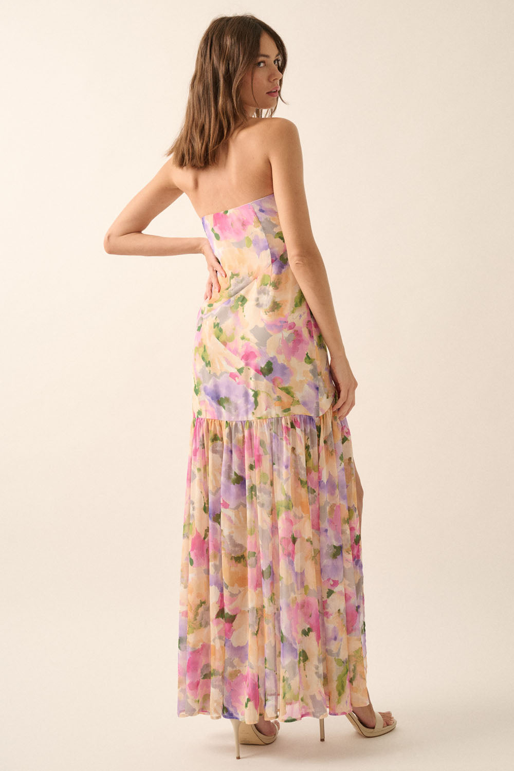 Floral Chiffon Strapless Asymmetrical Maxi Dress