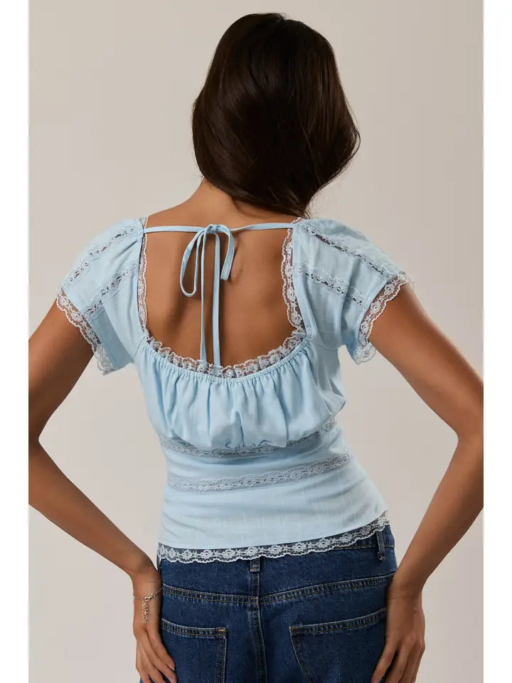 Cap Sleeve Square Neck Lace Trim Detail Top