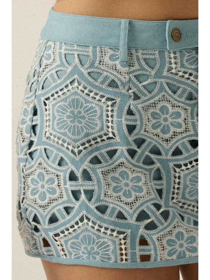 Denim Cutout Embroidered Mini Skort