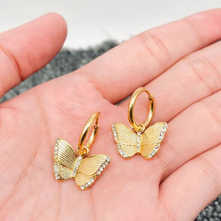 Inlaid Cz Butterfly charm18K Gold Plated Huggie Earring