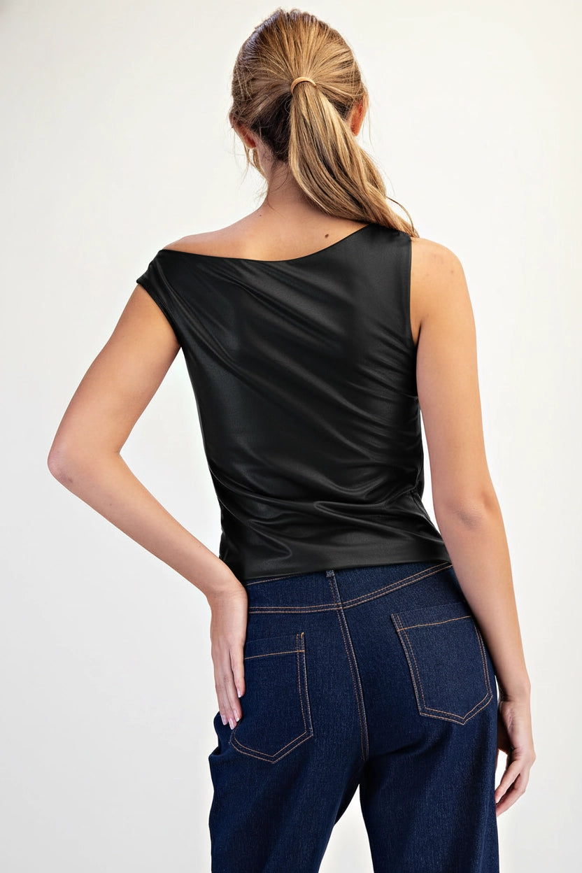 Asymmetric Shoulder Stretch Faux Leather Top