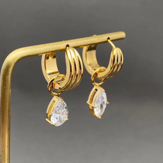 Asymmetric Zircon 18K Gold Plated Ss Huggie Earrings