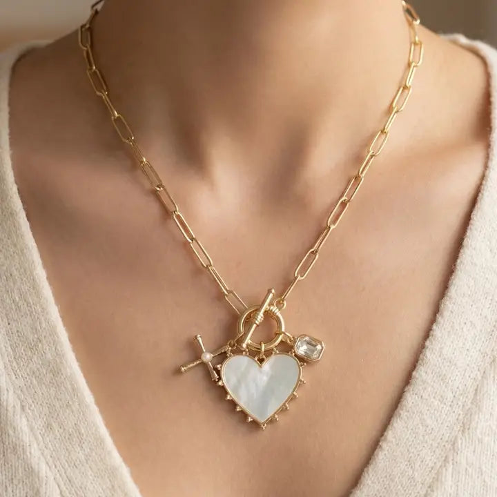 Mother of Pearl Heart Charm Toggle Paperclip Chain Necklace