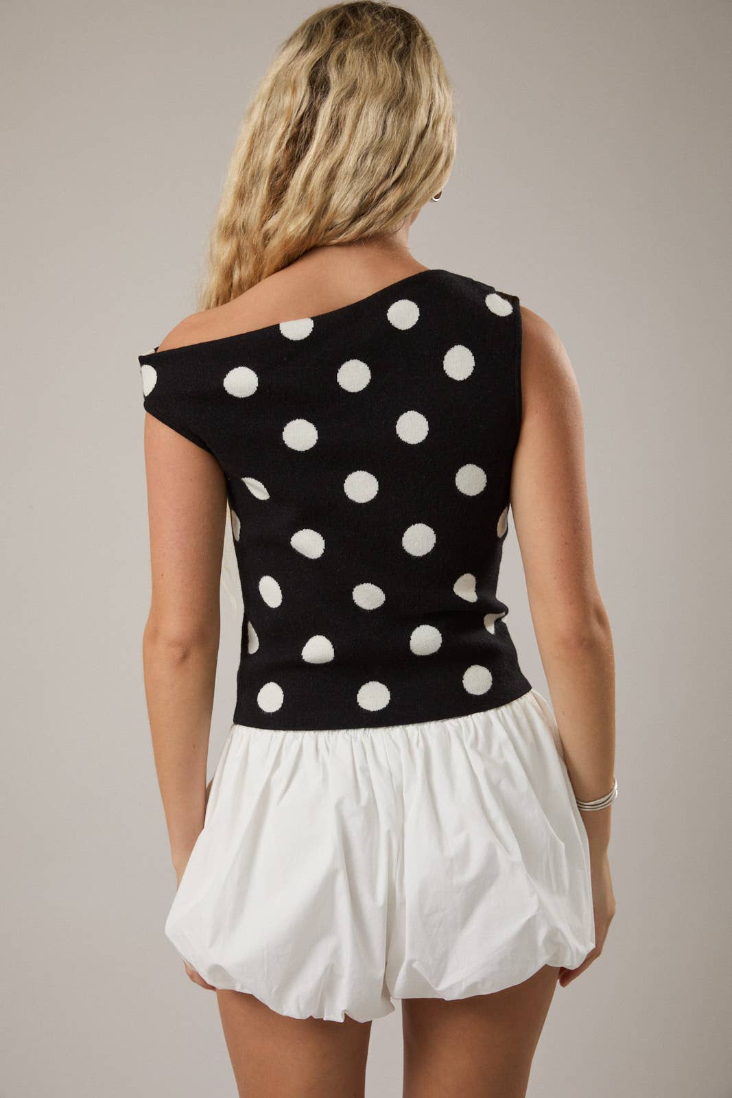 POLKA DOT DETAIL ASYMMETRICAL NECK SWEATER TOP