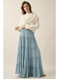 Raw-Edge Denim Tiered Ruffle Maxi Skirt