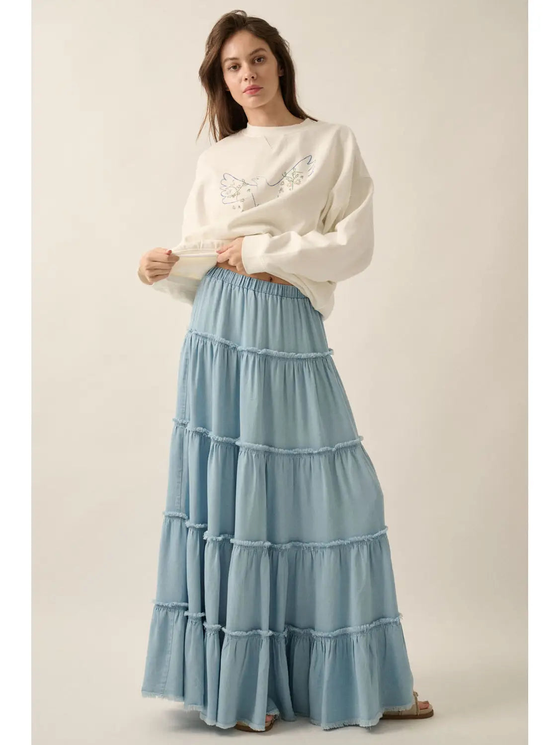 Raw-Edge Denim Tiered Ruffle Maxi Skirt