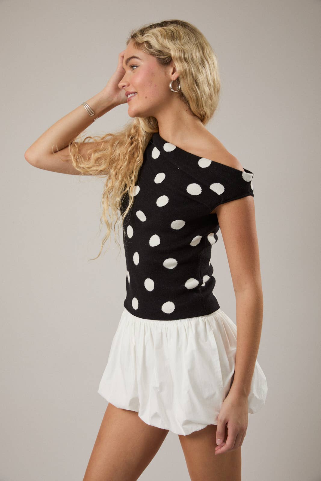 POLKA DOT DETAIL ASYMMETRICAL NECK SWEATER TOP