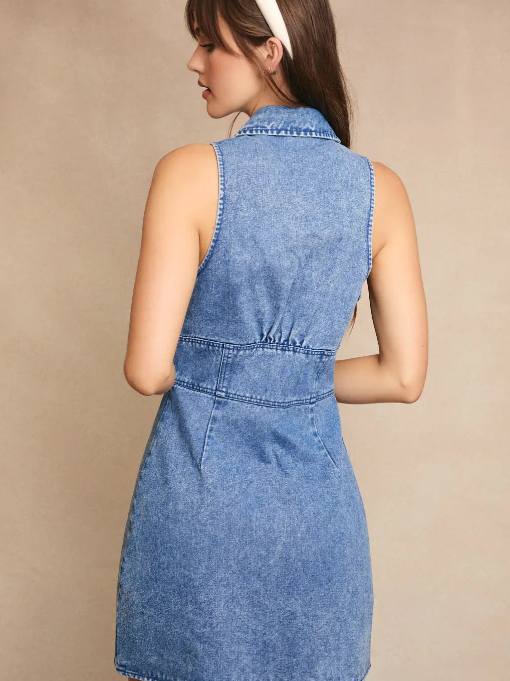 Halter Neck Denim Mini Dress with Collar