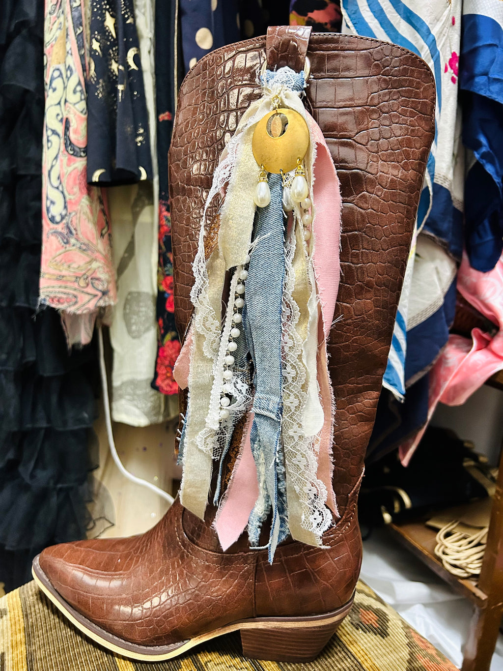 OOAK Denim & Pearls Boot/Bag Charm