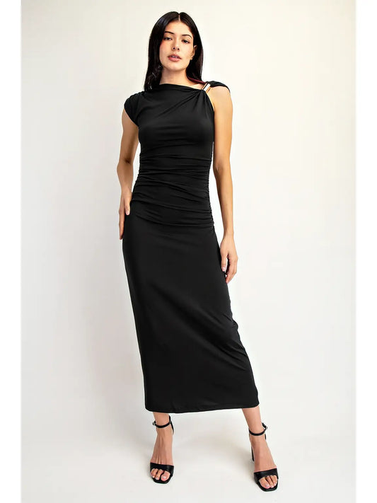 Ruched Midi Dress with Metal Ring Strap Detail