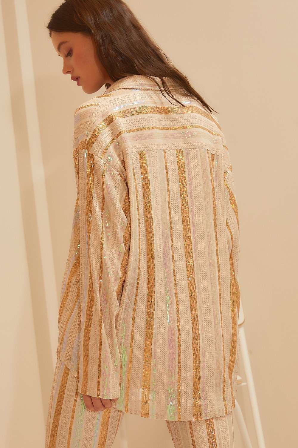Neutral Stripe Sequin Formal Top