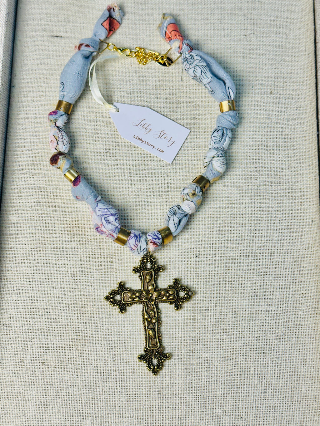 Antique Bronze Cross Fabric Necklace