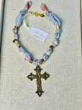 Antique Bronze Cross Fabric Necklace