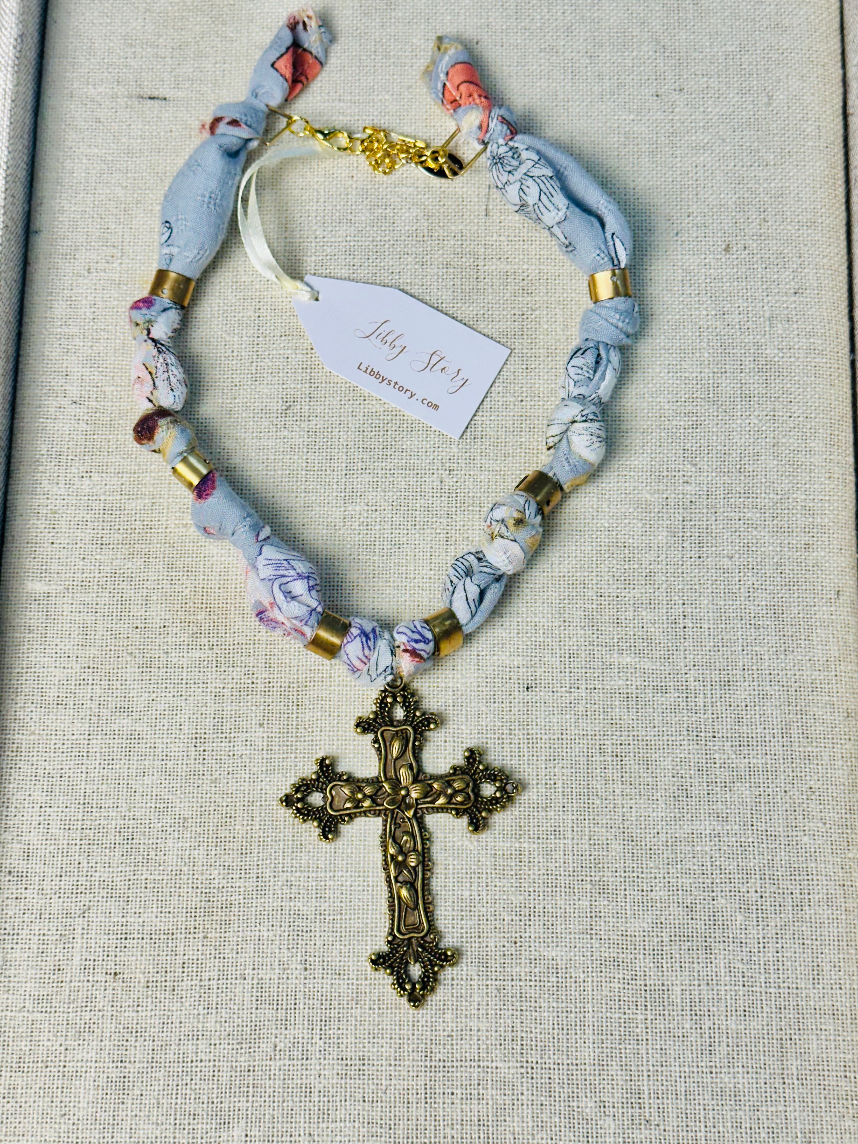 Antique Bronze Cross Fabric Necklace
