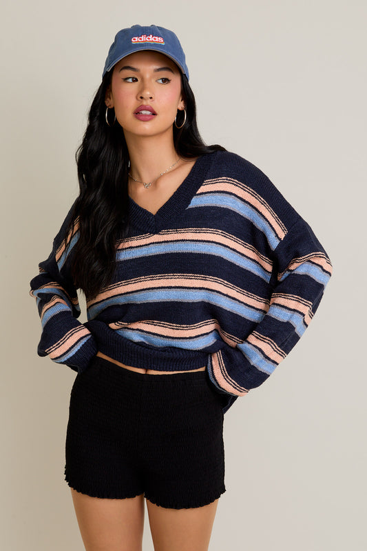 V-Neck Fuzzy Striped Long Sleeve Oversized Sweater