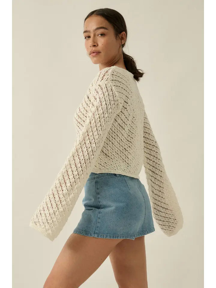 Solid Crochet-Knit Bell-Sleeve Cropped Sweater