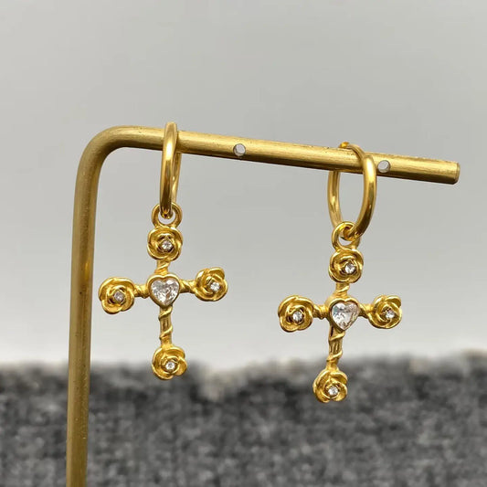 Inlaid Cz 18K Golden S.Steel Rose Cross Huggie Earrings