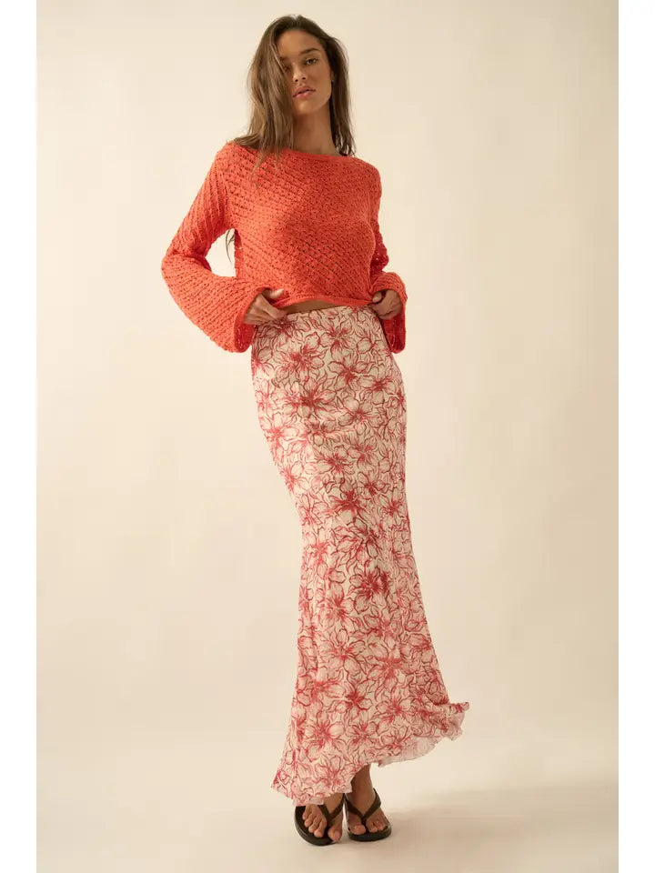 Floral Print Mesh Godet Pleated Mermaid Maxi Skirt