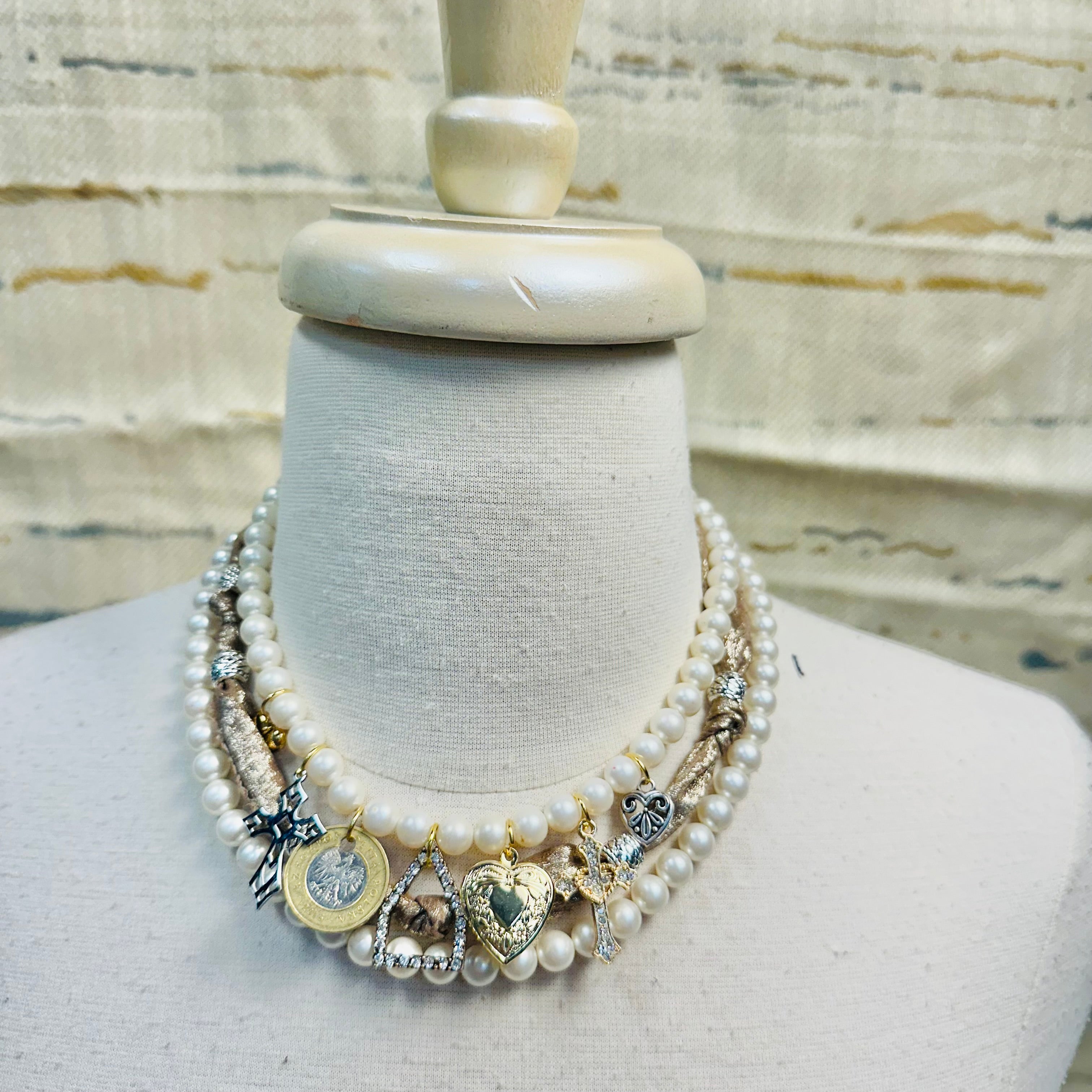 OOAK Vintage Pearl & Metallic Fabric Charm Layered Necklace
