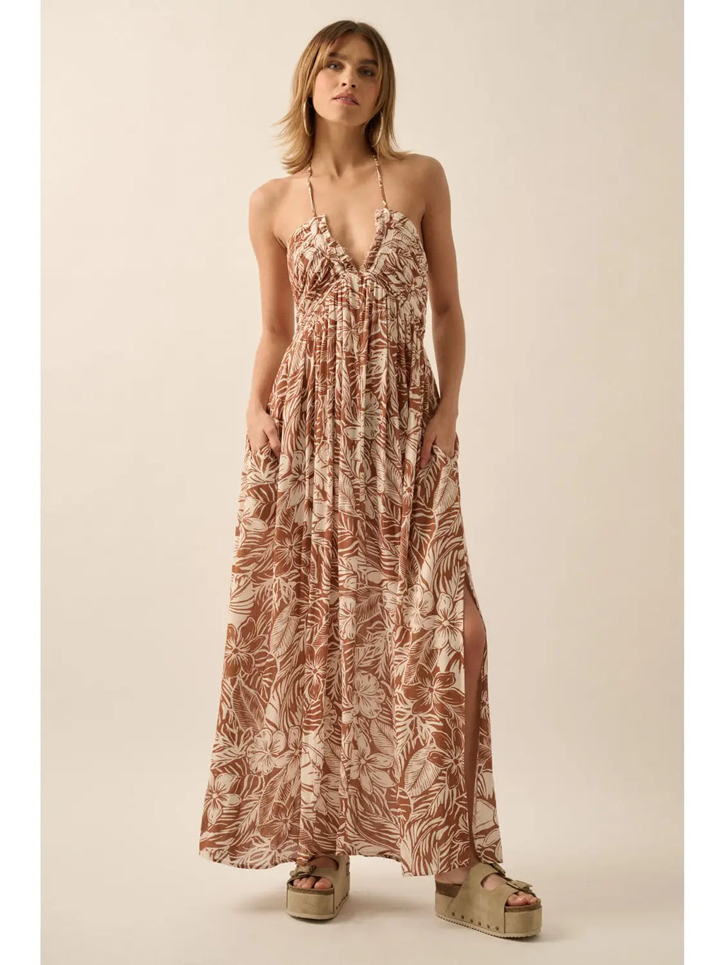 Floral Crepe Plunging-Neck Halter Maxi Dress