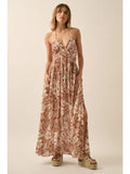 Floral Crepe Plunging-Neck Halter Maxi Dress