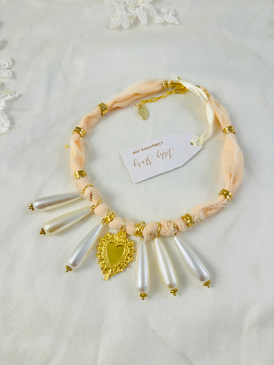 Heart $ Pearl Dangle Chiffon Fabric Necklace