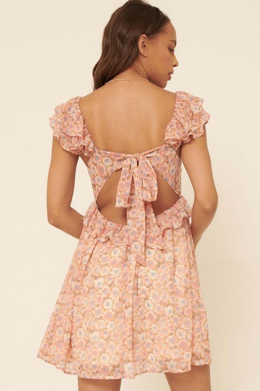 Floral Wide Deep V Ruffle Flounce Mini Dress