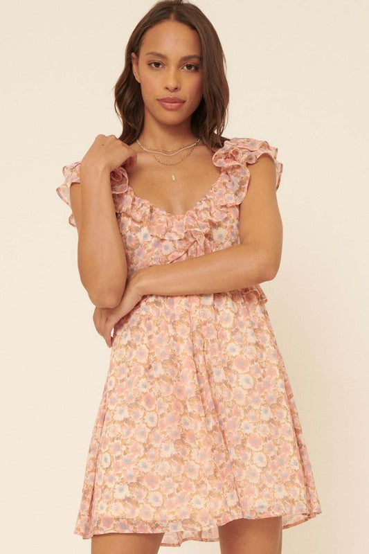 Floral Wide Deep V Ruffle Flounce Mini Dress