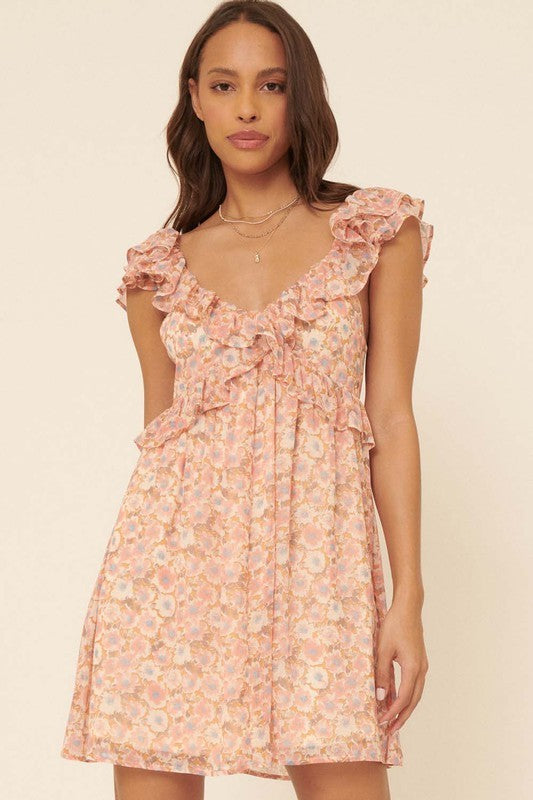 Floral Wide Deep V Ruffle Flounce Mini Dress