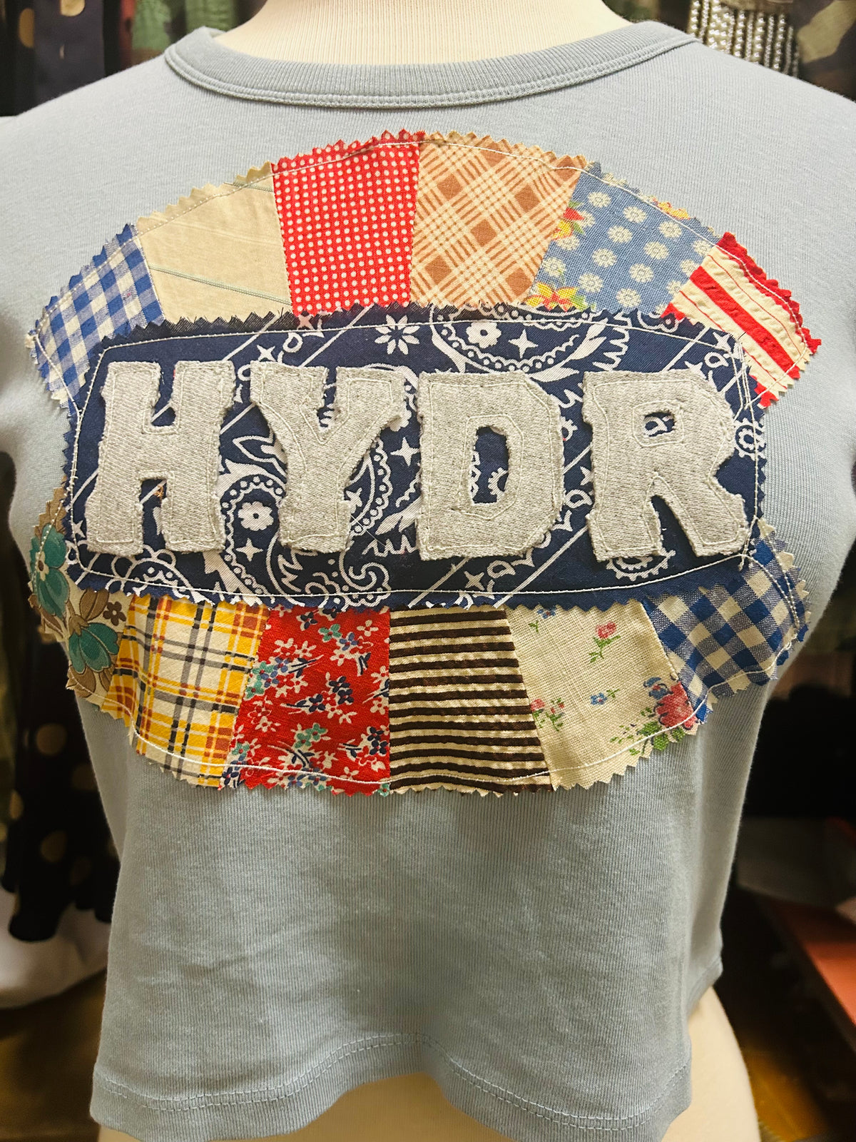 Libby Story “Hell Yeah, Damn Right” Patchwork Cropped Tee