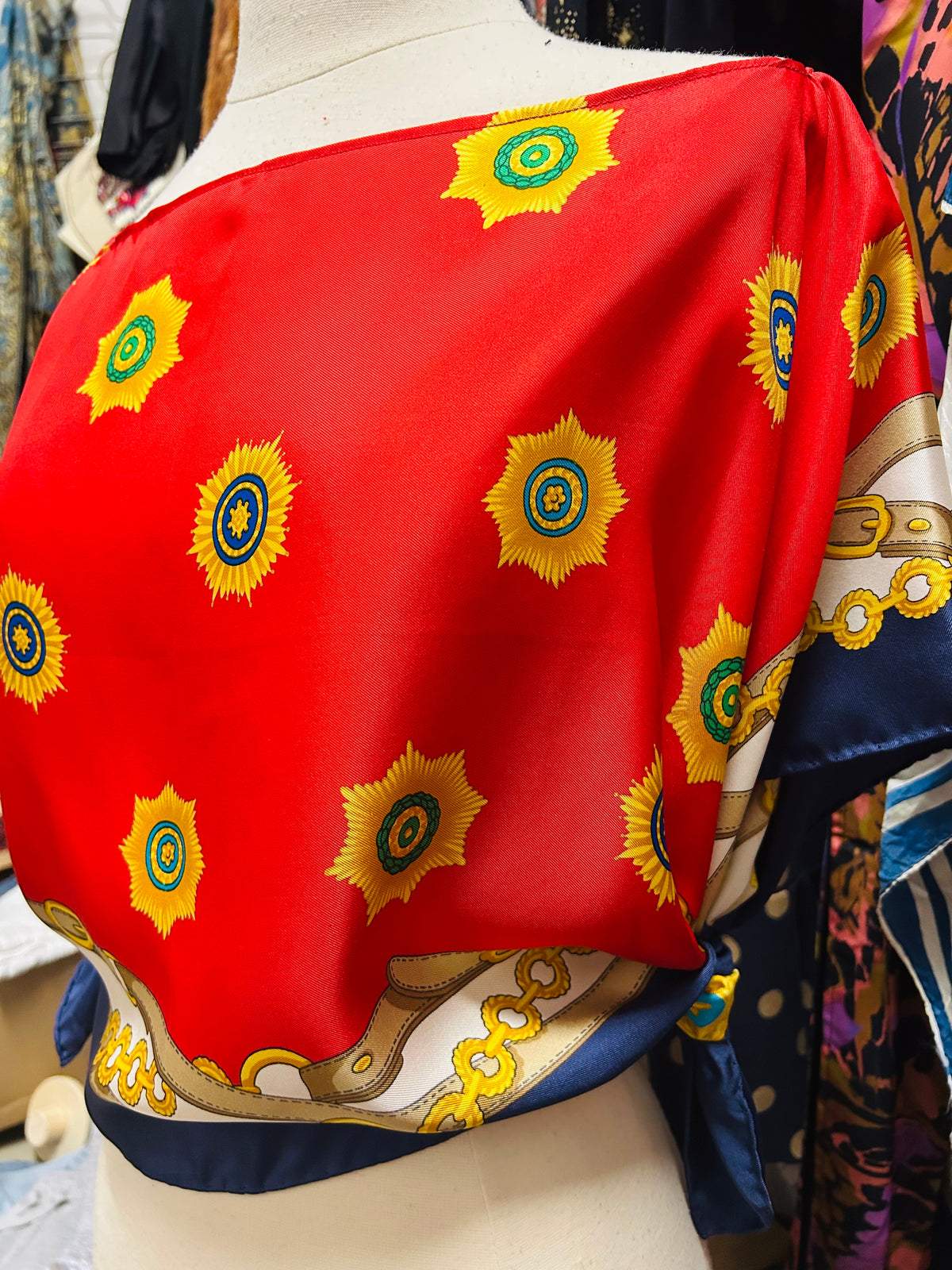 OOAK Upcycled Vintage Belt Print Celine Silk Scarf Poncho