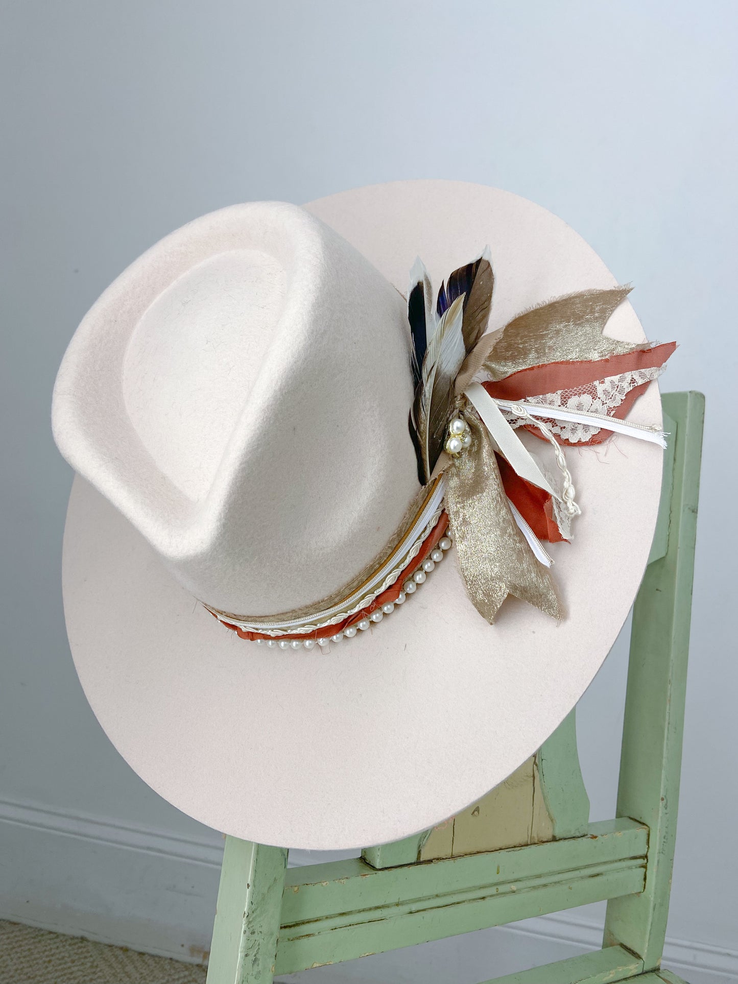 OOAK Champagne Dreams 100% Wool & Ribbon Stiff Bring Hat