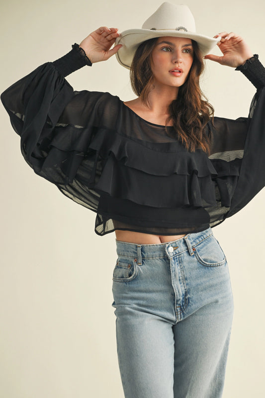 Tiered Ruffle Batwing Sleeve Top