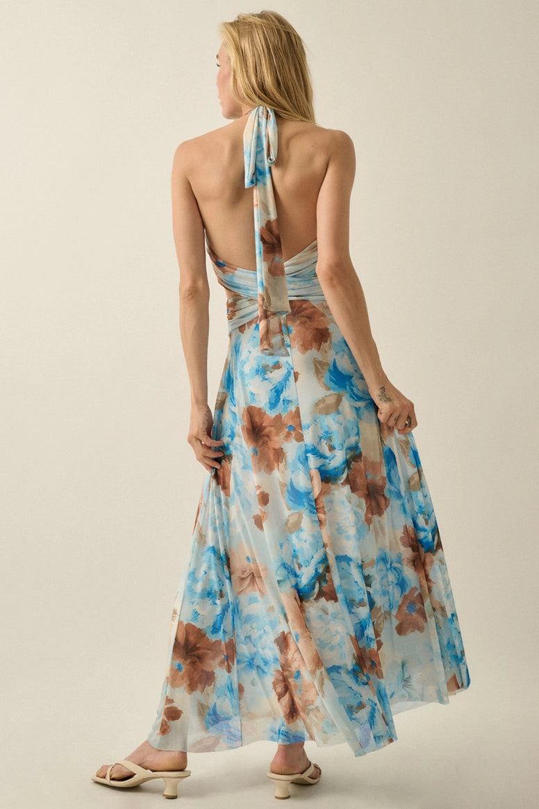 Floral-Print Mesh Halter-Neck Cutout Maxi Dress