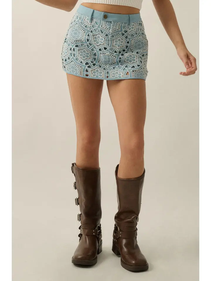 Denim Cutout Embroidered Mini Skort