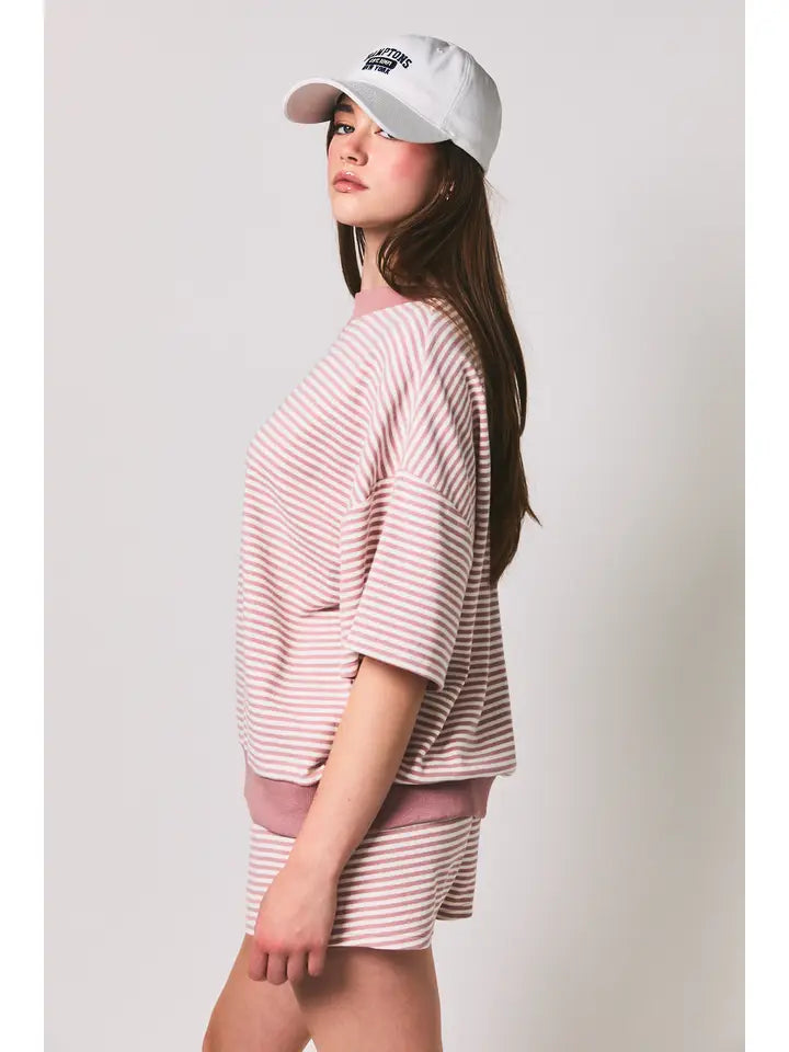 Mock Neck Short Sleeve Stripe Top