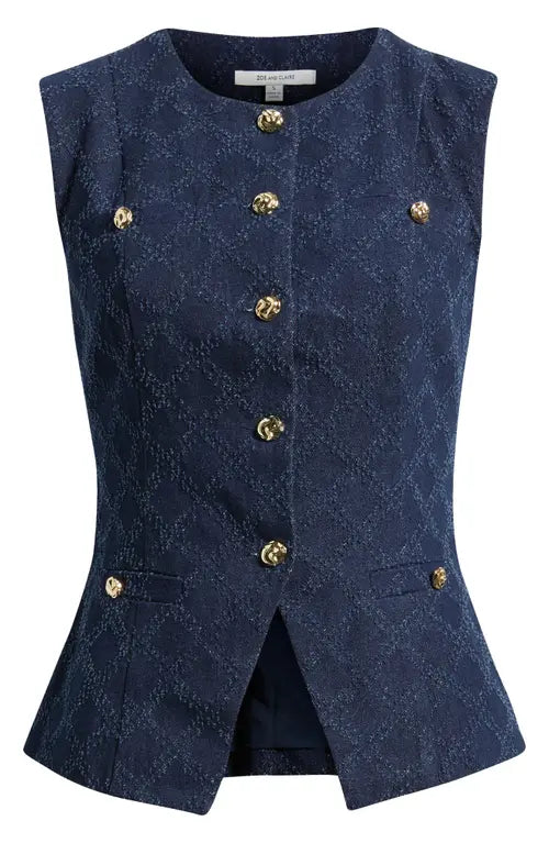 Zoe and Claire Jacquard Denim Vest In Blue