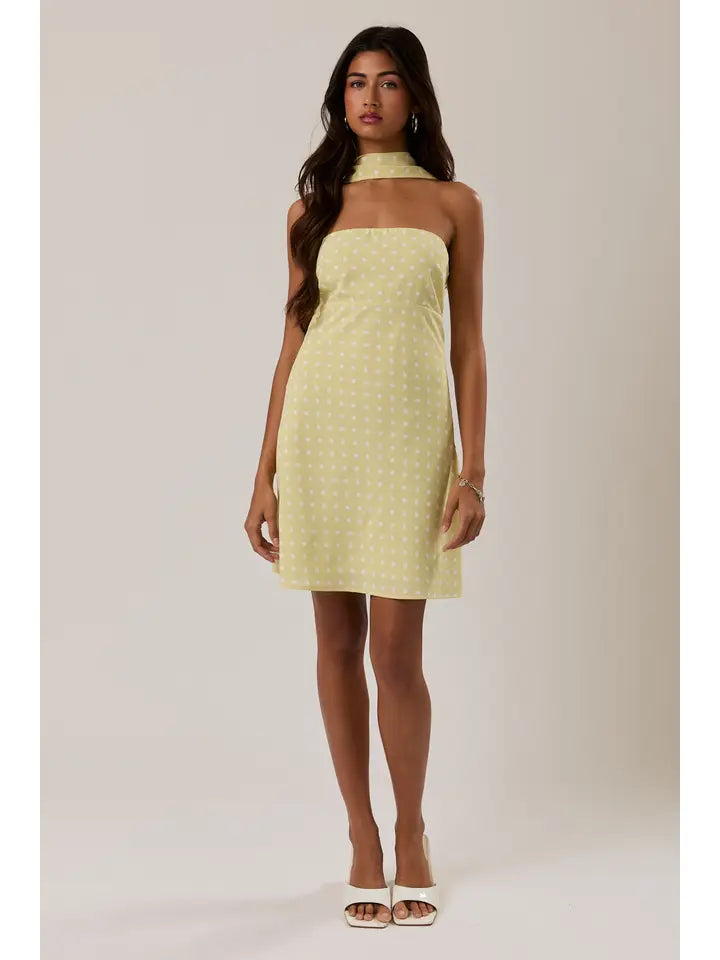 Polka Dot Mini Dress with Attached Scarf
