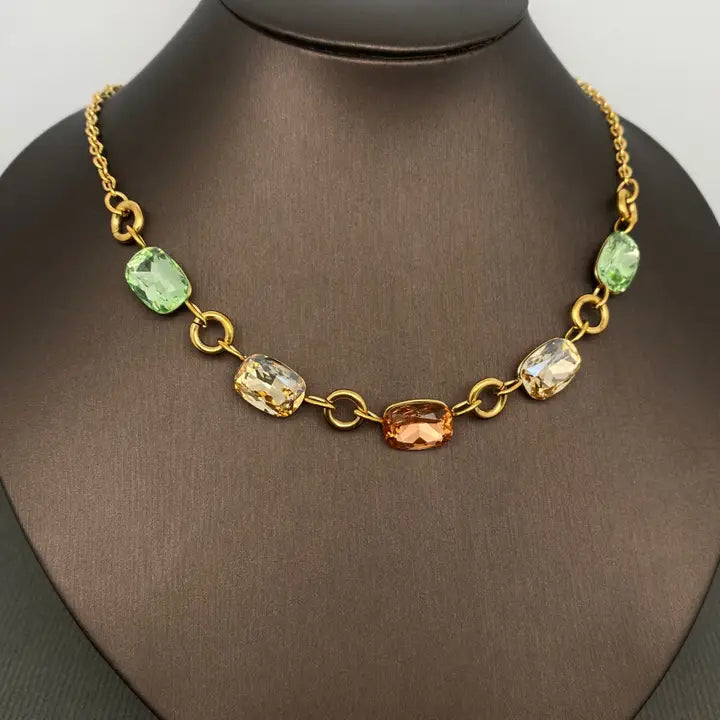 Colored Zircon Inlaid 18K Gold Plated S.Steel Necklace